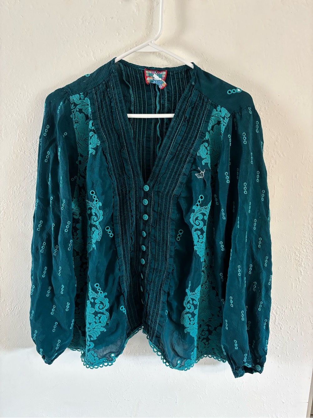 Johnny Was Teal Embroidered Pintuck Button-Front Blouse